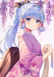 Rule 34 | 1girl, ayaka (genshin impact), blue eyes, blunt bangs, floral print, flower, from side, genshin impact, high ponytail, highres, japanese clothes, kimono, long hair, looking at viewer, pink kimono, sidelocks, smile, solo, tikoo 616, white hair, wide sleeves, wisteria