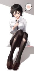 Rule 34 | 1girl, absurdres, apple ringo, black hair, black pantyhose, blue eyes, breasts, brown footwear, collared shirt, frown, highres, knees up, large breasts, loafers, long sleeves, looking at viewer, necktie, original, panties, pantyhose, shirt, shoes, short hair, sitting, solo, spoken blush, torn clothes, torn pantyhose, underwear, v-shaped eyebrows, white shirt