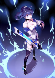 Rule 34 | 1girl, absurdres, bare shoulders, black footwear, black gloves, blue theme, boots, breasts, cleavage, electricity, gloves, highres, holding, holding sword, holding weapon, honkai (series), honkai impact 3rd, jacket, katana, long hair, looking at viewer, off shoulder, open mouth, ponytail, purple eyes, purple hair, raiden mei, raiden mei (striker fulminata), scabbard, sheath, shirt, solo, standing, sword, thigh boots, weapon, white jacket, white shirt, yu xiu