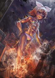 Rule 34 | 1girl, abs, aircraft, airplane, bikini, building, city, commentary, destruction, english commentary, explosion, fang, fighter jet, giant, giantess, grey sky, half-closed eye, hand on own hip, helicopter, highres, jet, kagamine rin, military, military vehicle, muscular, muscular female, navel, open mouth, punching, rainbow bikini, raised eyebrow, sky, skyscraper, smile, smug, standing, striped bikini, striped clothes, sweat, swimsuit, vocaloid, yilx
