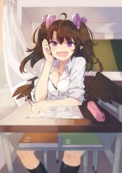 Rule 34 | 1girl, ahoge, bad id, bad pixiv id, black bra, black socks, black wings, bra, breasts, brown hair, chalkboard, classroom, cleavage, collared shirt, commentary request, curtains, feathered wings, hair ribbon, himekaidou hatate, indoors, long hair, looking at viewer, medium breasts, open mouth, pencil, pencil case, pointy ears, purple eyes, ribbon, school, shirt, sitting, socks, solo, suminagashi, touhou, underwear, white shirt, window, wing collar, wings