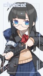 Rule 34 | 1girl, :&lt;, absurdres, ahoge, artist name, bag, barcode, black coat, black hair, blue eyes, blue skirt, bow, bowtie, brown sweater, cheri zao, coat, collared shirt, commentary request, cowboy shot, furrowed brow, glasses, grey armband, highres, holding, holding sword, holding weapon, katana, long hair, long sleeves, looking at viewer, open clothes, open coat, original, plaid, plaid skirt, raised eyebrows, red bow, red bowtie, ringed eyes, school bag, school uniform, semi-rimless eyewear, shirt, shoulder strap, skirt, solo, strap slip, sweater, sword, weapon, white background, white shirt