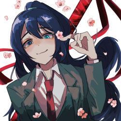 Rule 34 | 1boy, blue eyes, blue hair, cherry blossoms, closed mouth, collared shirt, commentary request, formal, grey jacket, heterochromia, highres, hong lu (project moon), jacket, limbus company, long hair, long sleeves, male focus, nakame77, necktie, open collar, ponytail, project moon, red necktie, shirt, smile, solo, suit, suit jacket, white shirt