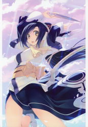 Rule 34 | 1girl, absurdres, ainu clothes, amazuyu tatsuki, animal ears, arm up, arms up, blue hair, boots, breasts, brown eyes, cherry blossoms, cloud, cloudy sky, dagger, hair ornament, highres, holding, knife, kuon (utawarerumono), looking at viewer, medium breasts, obi, official art, open mouth, outdoors, petals, sash, scan, scarf, side slit, sky, solo, sunlight, tail, utawarerumono, utawarerumono: itsuwari no kamen, weapon, wide sleeves