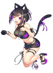 Rule 34 | 1girl, ;d, animal ear fluff, animal ears, bangle, bare arms, bare shoulders, belt, black choker, black gloves, black hair, black shirt, black skirt, bracelet, breasts, cat ears, cat girl, cat tail, choker, cleavage, crop top, earrings, extra ears, fang, full body, garter straps, gloves, highres, indie virtual youtuber, jewelry, kanda miu, kitazume kumie, large breasts, looking at viewer, microskirt, midriff, miniskirt, multicolored hair, navel, no socks, one eye closed, open mouth, paw pose, purple eyes, ribbon, sandals, see-through, shirt, short hair, side slit, sidelocks, simple background, single glove, skirt, smile, solo, stomach, streaked hair, studded belt, tail, tail ornament, tail raised, tail ribbon, thighs, two-tone hair, virtual youtuber, white background, wristband