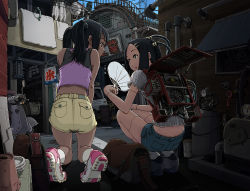 Rule 34 | 2girls, android, backpack, bag, barrel, black eyes, black hair, blouse, cable, drum (container), duffel bag, flower pot, from behind, gas cylinder, grey eyes, hair ornament, hairclip, hand fan, hot, industrial pipe, joints, kneeling, kooribata, lantern, laundry, mecha musume, mechanical parts, midriff, motor vehicle, multiple girls, original, otacool4, paper fan, power lines, radio antenna, railing, randoseru, robot joints, scooter, shirt, shoes, shorts, sidelocks, sneakers, socks, squatting, stairs, sukabu, tan, tank top, twintails, uchiwa, vehicle, white shirt
