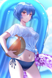 1girl abs absurdres ayanami_rei ball beach beachball bikini blue_bikini blue_hair blue_sky blurry blurry_background blush breasts closed_mouth cloud commentary cowboy_shot cumulonimbus_cloud day depth_of_field eyelashes floral_print from_below from_side hair_between_eyes highres holding holding_ball holding_swim_ring inflatable_raft innertube looking_at_viewer looking_down looking_to_the_side medium_breasts midriff navel neon_genesis_evangelion ocean outdoors purple_innertube red_eyes see-through_clothes see-through_shirt shirt short_hair short_sleeves side-tie_shirt sky smile solo standing swim_ring swimsuit t-shirt thigh_gap tied_shirt water white_shirt yahha