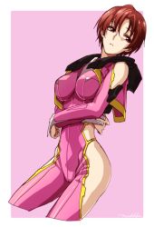 Rule 34 | 10s, 1girl, arm cutout, bodysuit, breasts, clothing cutout, cropped legs, crossed arms, hip vent, ikoma yumi, large breasts, looking away, machi fuka, pilot suit, pink background, red eyes, red hair, shiny clothes, short hair, side cutout, signature, skin tight, solo, soukyuu no fafner