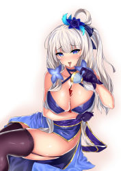 Rule 34 | 1girl, absurdres, azur lane, bare shoulders, black thighhighs, blue dress, blue eyes, blue flower, blue rose, blush, breasts, cleavage, covered erect nipples, cup, dress, flower, garter belt, garter straps, gloves, gradient background, hair between eyes, hair flower, hair ornament, halter dress, halterneck, heart, heart-shaped pupils, heart in eye, highres, illustrious (azur lane), illustrious (never-ending tea party) (azur lane), large breasts, long hair, looking at viewer, lumu yuanxiang, ribbon, rose, sidelocks, smile, solo, symbol-shaped pupils, symbol in eye, teacup, thighhighs, tongue, tongue out, underboob