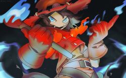 Rule 34 | 1boy, belt, black background, blue eyes, blue fire, brown hair, digimon, digimon (creature), fire, flawizarmon, gloves, hat, highres, holding matchstick, no nose, oversized object, red gloves, red shirt, shirt, short hair, sse aee, wizard, wizard hat