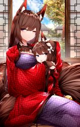 Rule 34 | 2girls, absurdres, amagi-chan (azur lane), amagi (azur lane), animal ear fluff, animal ears, azur lane, breasts, brown tail, coat, fox ears, highres, indoors, japanese clothes, kimono, large breasts, long hair, mother and daughter, multiple girls, multiple tails, one eye closed, purple eyes, purple kimono, red coat, samip, slit pupils, tail, wide sleeves