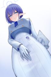 Rule 34 | 1girl, absurdres, aoi (blue archive), aoi riko, blue archive, blue eyes, blue hair, blush, breasts, closed mouth, commentary request, cropped jacket, dress, ear piercing, from below, gloves, hair between eyes, halo, highres, holding, jacket, long sleeves, looking at viewer, medium breasts, mole, mole under eye, piercing, pointy ears, short hair, simple background, solo, white dress, white gloves, white jacket