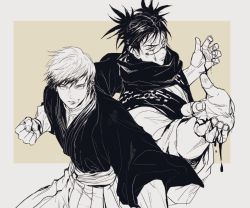 Rule 34 | 2boys, :q, baggy pants, blood, choso (jujutsu kaisen), clenched hand, closed mouth, ear piercing, facial tattoo, fighting stance, japanese clothes, jujutsu kaisen, kimono, kukig8765, long sleeves, looking at viewer, male focus, monochrome, multiple boys, pants, piercing, scarf, short hair, short twintails, tattoo, tongue, tongue out, twintails, zenin naoya