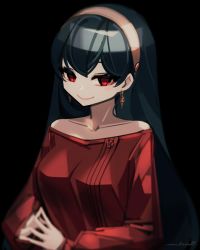 Rule 34 | 1girl, black background, black hair, breasts, collarbone, earrings, eyebrows hidden by hair, hair behind ear, jewelry, long hair, looking at viewer, makaroll, medium breasts, off-shoulder sweater, off shoulder, own hands together, portrait, red eyes, smile, solo, spy x family, sweater, yor briar