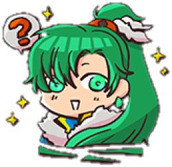 Rule 34 | 1girl, blush, earrings, fire emblem, fire emblem: the blazing blade, fire emblem heroes, green eyes, green hair, hair over shoulder, high ponytail, jewelry, long hair, looking at viewer, lowres, lyn (fire emblem), matching hair/eyes, nintendo, ponytail, smile, solo, sparkle, speech bubble, spoken question mark