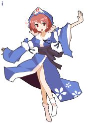 Rule 34 | 1girl, :d, ahoge, blue hat, blue kimono, breasts, collar, dress, female focus, floral print, flower, full body, hair flower, hair ornament, hat, ideolo, japanese clothes, kimono, legs, long sleeves, lotus, obi, open mouth, pink hair, red eyes, saigyouji yuyuko, sash, short hair, simple background, sleeves past wrists, smile, socks, solo, touhou, triangular headpiece, white background, white collar, white socks, wide sleeves