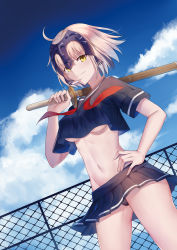 Rule 34 | 1girl, ahoge, alternate costume, black panties, black sailor collar, black serafuku, black shirt, black skirt, blue sky, blush, breasts, brown eyes, chain-link fence, closed mouth, cloud, cloudy sky, commentary request, crop top, day, dutch angle, fate/grand order, fate (series), fence, gogatsu fukuin, groin, hair between eyes, hand on own hip, headpiece, highres, holding, holding weapon, jeanne d&#039;arc (fate), jeanne d&#039;arc alter (avenger) (fate), jeanne d&#039;arc alter (fate), light brown hair, looking at viewer, medium breasts, navel, neck ribbon, no bra, outdoors, panties, pleated skirt, red neckwear, sailor collar, school uniform, serafuku, shinai, shirt, short hair, short sleeves, skirt, sky, smile, solo, standing, sword, underboob, underwear, undone neck ribbon, weapon