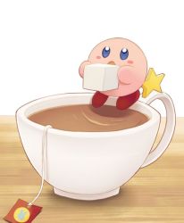 Rule 34 | 1boy, amripo, blue eyes, blush stickers, cup, kirby, kirby (series), male focus, nintendo, open mouth, ripples, solo, star (symbol), sugar cube, teabag, teacup