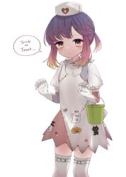 Rule 34 | 1girl, blush, bucket, closed mouth, feet out of frame, gradient hair, hair between eyes, halloween costume, hat, kantai collection, long hair, multicolored hair, nurse cap, one-hour drawing challenge, puffy short sleeves, puffy sleeves, purple hair, short sleeves, simple background, solo, speech bubble, thighhighs, trick or treat, tsushima (kancolle), white background, white hat, white thighhighs, yamashichi (mtseven), yellow eyes