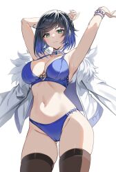 Rule 34 | 1girl, alternate costume, armpits, arms up, bikini, black hair, black thighhighs, blue bikini, blue hair, bracelet, breasts, cameltoe, closed mouth, commentary request, diagonal bangs, duplicate, ear piercing, earrings, feather-trimmed jacket, genshin impact, gradient hair, green eyes, harimoji, jacket, jacket on shoulders, jewelry, large breasts, light smile, looking at viewer, multicolored hair, navel, paid reward available, piercing, presenting armpit, short hair, simple background, solo, stomach, swimsuit, thighhighs, thighs, white jacket, yelan (genshin impact)