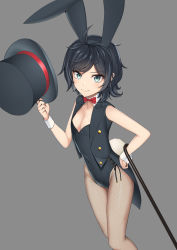 Rule 34 | 1girl, ahoge, alternate costume, animal ears, bad id, bad pixiv id, bare arms, bare shoulders, black hair, black hairband, black hat, black leotard, black vest, blush, bow, bowtie, breasts, cane, closed mouth, covered navel, cowboy shot, detached collar, fake animal ears, fake tail, fishnet pantyhose, fishnets, green eyes, grey background, groin, hairband, hand on own hip, hat, holding, holding clothes, holding hat, kantai collection, leotard, looking at viewer, matsukaze (kancolle), open clothes, open vest, pantyhose, playboy bunny, rabbit ears, rabbit tail, red bow, red bowtie, sanhon, short hair, side-tie leotard, simple background, small breasts, smile, solo, standing, swept bangs, tail, unbuttoned, unworn hat, unworn headwear, vest, wrist cuffs