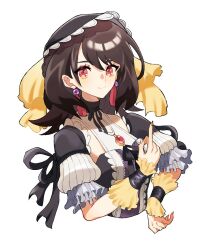 Rule 34 | 1girl, bonnet, brown hair, cropped torso, dress, duel monster, ear ornament, frilled dress, frilled sleeves, frills, hands up, highres, medium hair, puffy sleeves, red eyes, short sleeves, smile, solo, underworld goddess of the closed world, upper body, wen zhi (717256), yu-gi-oh!