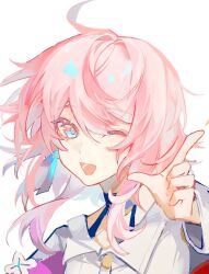 Rule 34 | 1girl, ahoge, black choker, blue eyes, choker, commentary request, earrings, hair intakes, highres, honkai: star rail, honkai (series), jewelry, liyli, long sleeves, looking at viewer, march 7th (honkai: star rail), medium hair, one eye closed, open mouth, pink eyes, pink hair, portrait, shirt, simple background, single earring, smile, solo, two-tone eyes, white background, white shirt