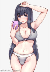 Rule 34 | 1girl, :d, armpits, black hair, blunt bangs, blush, bra, breasts, cellphone, cleavage, gems company, grey bra, grey panties, groin, hase mikoto, highres, holding, holding phone, looking at viewer, navel, open mouth, panties, phone, purple eyes, smartphone, smile, solo, sweat, underwear, underwear only, virtual youtuber, yoshiwa tomo