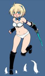 Rule 34 | 1girl, ahoge, blonde hair, blue eyes, blush, boots, breasts, cleavage, dagger, fang, knife, null (nyanpyoun), open mouth, short hair, solo, tentacles, weapon