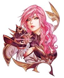 Rule 34 | 1girl, alternate costume, armor, asymmetrical hair, blue eyes, breasts, feather trim, final fantasy, final fantasy xiii, hair between eyes, hair over shoulder, high collar, holding, lightning farron, long hair, looking at viewer, medium breasts, ornate armor, ornate clothes, parted lips, pink hair, shoulder armor, sideboob, solo, upper body, vhyrel, watermark, wavy hair, web address, white background
