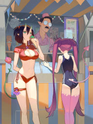 Rule 34 | 1boy, 2girls, bikini, bikini bottom only, black hair, breasts, cleavage cutout, clothing cutout, demon girl, demon tail, eating, facial hair, feet out of frame, flower, food, glasses, green eyes, highres, holding, holding food, horns, ice cream cone, long hair, medium breasts, multiple girls, mustache, navel, one-piece swimsuit, original, pink flower, pointy ears, purple hair, red bikini, shadow, short hair, skin-covered horns, standing, swimsuit, tail, timbougami, very long hair