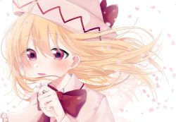 Rule 34 | 1girl, blonde hair, bow, brown wings, capelet, cherry blossoms, commentary request, eringi (rmrafrn), fairy wings, flower, hair between eyes, hand up, hat, hat bow, holding, holding flower, lily white, long hair, looking at viewer, parted lips, petals, pink hat, red bow, red eyes, simple background, smile, solo, touhou, transparent wings, upper body, white background, white capelet, white flower, wings