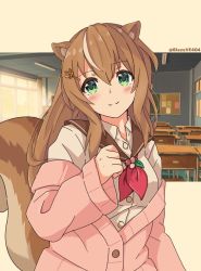 Rule 34 | 1girl, alternate costume, animal ears, artist name, ayunda risu, blush, breasts, brown hair, classroom, clenched hand, green eyes, hair between eyes, hololive, hololive indonesia, long hair, looking at viewer, ns-blazeve, off-shoulder sweater, off shoulder, pink sweater, school uniform, small breasts, solo, squirrel ears, squirrel girl, squirrel tail, sweater, tail, virtual youtuber