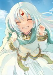 Rule 34 | 1girl, blue hair, blush, child, closed eyes, collared shirt, commission, commissioner upload, day, dress, elf, forehead jewel, green scarf, hands up, highres, kalar (race), long hair, long sleeves, miton (ton321), pointy ears, rance (series), reset kalar, scarf, shirt, skeb commission, skirt, sky, smile, solo, white shirt, white skirt