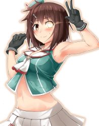 Rule 34 | alternate costume, armpits, beret, black gloves, blush, breasts, brown eyes, brown hair, choukai (kancolle), choukai (kancolle) (cosplay), closed mouth, cosplay, furutaka (kancolle), gloves, glowing, groin, hair between eyes, hat, heterochromia, kantai collection, looking at viewer, medium breasts, miniskirt, sawaracp, short hair, simple background, skirt, smile, solo, white background