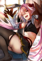 Rule 34 | 1boy, ass, astolfo (fate), astolfo (saber) (fate), bare shoulders, belt, black bow, black bowtie, black gloves, black ribbon, black shirt, black skirt, black thighhighs, blush, bow, bowtie, crop top, fate/grand order, fate (series), gloves, hair between eyes, hair bow, hair intakes, hair ribbon, hands up, jikihatiman, long hair, long sleeves, looking at viewer, low twintails, male focus, midriff, multicolored hair, one eye closed, open mouth, pink hair, pleated skirt, purple eyes, ribbon, shirt, skirt, smile, solo, streaked hair, thighhighs, thighs, trap, twintails, white hair, wide sleeves, wing collar