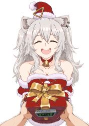 Rule 34 | 1girl, :d, absurdres, animal ears, bell, bomb, breasts, choker, christmas, cleavage, commentary, dress, earclip, explosive, facing viewer, fang, gift, grey hair, hat, highres, holding, holding gift, hololive, ivanhc 9420, large breasts, lion ears, long hair, neck bell, off-shoulder dress, off shoulder, open mouth, pov, red choker, red dress, red headwear, santa hat, shishiro botan, short dress, smile, star (symbol), time bomb, trembling, virtual youtuber