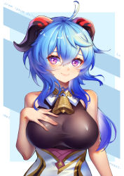Rule 34 | 1girl, absurdres, ahoge, bell, black bodysuit, blue hair, bodysuit, breasts, commentary request, covered erect nipples, cowbell, ganyu (genshin impact), genshin impact, hair between eyes, highres, horns, long hair, looking at viewer, low ponytail, neck bell, purple eyes, sidelocks, simple background, sleeveless, solo, two-tone background, xiaomu (a414171448)