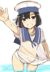 Rule 34 | 1girl, black hair, blue eyes, blue sailor collar, bob cut, commentary request, cowboy shot, daitou (kancolle), dress, grin, hat, kantai collection, nyoriko, panties, sailor collar, sailor dress, sailor hat, see-through, short hair, simple background, smile, solo, standing, underwear, white background, white hat, white panties