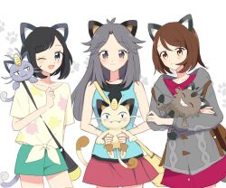 Rule 34 | 3girls, 3others, :3, alolan form, alolan meowth, animal ears, black hair, brown hair, cardigan, cat, cat day, cat ears, cat tail, creatures (company), fangs, fingernails, galarian form, galarian meowth, game freak, gen 1 pokemon, gen 7 pokemon, gen 8 pokemon, gloria (pokemon), green shorts, grey cardigan, grey hair, highres, holding, holding pokemon, leaf (pokemon), long hair, meowth, miniskirt, multiple girls, multiple others, nintendo, ohn pkmn, on shoulder, one eye closed, open mouth, paw print, paw print background, pokemon, pokemon (creature), pokemon frlg, pokemon on shoulder, pokemon sm, pokemon swsh, selene (pokemon), sharp fingernails, shirt, short shorts, shorts, skirt, tail, tied shirt