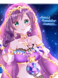 Rule 34 | 1girl, arabian clothes, artist name, bare shoulders, blush, bracelet, braid, breasts, choker, cleavage, collarbone, dancer, earrings, female focus, flower, galaxy, glint, green eyes, hair ornament, holding, holding lantern, jewelry, lantern, long hair, looking at viewer, love live!, love live! school idol festival, love live! school idol project, medium breasts, moon earrings, navel, necklace, night, night sky, parted lips, pearl necklace, pixiv id 23480649, plant, purple hair, purple skirt, rose, s336xrmx, s336xrmx (pixiv23480649), side braid, single braid, skirt, sky, smile, solo, sparkle, star (sky), tojo nozomi, twintails, veil, vines, yellow choker