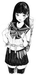 Rule 34 | 1girl, absurdres, black sailor collar, blush, commentary request, gagaimo, greyscale, highres, holding strap, long hair, monochrome, monochrome, nose blush, open mouth, original, sailor collar, school uniform, serafuku, solo, sparkle background, standing, thighhighs, traditional media, zettai ryouiki