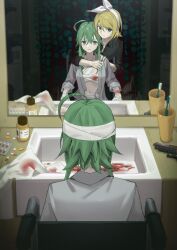 Rule 34 | 2girls, bandaged arm, bandaged chest, bandaged head, bandages, bathroom, black shirt, blonde hair, blood, bloody bandages, blue eyes, bottle, bow, bow hairband, commentary, cup, different reflection, from behind, green eyes, green hair, grey robe, gumi, gun, hair bow, hairband, hand on another&#039;s shoulder, highres, hug, hug from behind, indoors, kagamine rin, mirror, multiple girls, pill, reflection, robe, shirt, sidelocks, sink, sitting, toothbrush, vocaloid, weapon, wheelchair, white bow, wounds404