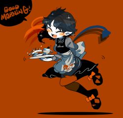 Rule 34 | 1girl, adapted costume, alternate costume, apron, arm behind back, asymmetrical hair, asymmetrical wings, black bow, black bowtie, black hair, black skirt, blue wings, bow, bowtie, cake, cake slice, closed eyes, cup, english text, enmaided, fangs, food, footwear bow, fork, fruit, full body, hair bow, holding, holding plate, houjuu nue, juliet sleeves, long hair, long sleeves, maid, open mouth, plate, pointy ears, puffy sleeves, red background, red bow, red wings, see-through silhouette, simple background, skirt, smile, solo, sparkle, strawberry, teacup, tomoe (symbol), touhou, waist apron, wings, yt (wai-tei)
