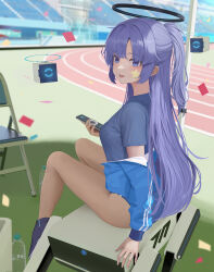 Rule 34 | 1girl, black halo, blue archive, blue buruma, blue eyes, blue hair, blue jacket, blue shirt, blurry, blurry background, bottle, buruma, chair, commentary, confetti, drone, folding chair, gym, gym shirt, hair intakes, halo, highres, jacket, long hair, looking at viewer, mechanical halo, off shoulder, official alternate costume, official alternate hairstyle, outdoors, parted bangs, plastic bottle, ponytail, railroad tracks, shirt, sitting, sitting on object, star (symbol), sticker on face, sunj000, track and field, track jacket, yuuka (blue archive), yuuka (track) (blue archive)