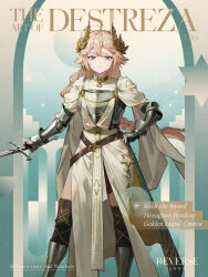 Rule 34 | 1girl, :&lt;, ahoge, armor, armored boots, black thighhighs, blonde hair, blue eyes, boots, bow, breastplate, copyright name, dress, english text, feet out of frame, gauntlets, green bow, hand on own hip, highres, holding, holding sword, holding weapon, laurel crown, legs apart, lilya (reverse:1999), lilya (the art of destreza) (reverse:1999), logo, long dress, long hair, looking at viewer, low-braided long hair, low-tied long hair, official alternate costume, official art, reverse:1999, solo, standing, sword, thighhighs, weapon, white dress