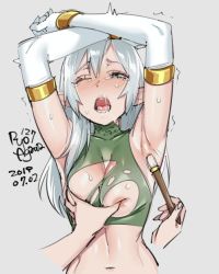 Rule 34 | 1girl, ;o, ^^^, agawa ryou, armpits, arms up, artist name, blush, breasts, brush, cleavage, commentary, crop top, dated, elbow gloves, elf, english commentary, gloves, grabbing, grabbing another&#039;s breast, grey background, long hair, navel, nose blush, one eye closed, original, pointy ears, saliva, simple background, small breasts, solo focus, tears, tickle torture, tickling, tickling armpits, torn clothes, trembling, upper body, white gloves, white hair, wince