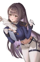 Rule 34 | 1girl, 1other, absurdres, ascot, blue jacket, blush, breasts, brown eyes, brown hair, clothes pull, cropped jacket, ear piercing, epaulettes, gloves, goddess of victory: nikke, highres, holding, id card, jacket, large breasts, leaning forward, long hair, marciana (nikke), military jacket, navel, navel piercing, pants, piercing, richiman, simple background, tight clothes, tight pants, white ascot, white background, white gloves, white pants
