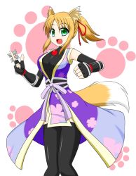 Rule 34 | 10s, 1girl, :d, animal ears, black thighhighs, blonde hair, breasts, dog days, elbow gloves, female focus, fingerless gloves, fox ears, fox tail, gloves, green eyes, japanese clothes, kimono, large breasts, looking at viewer, meguru (mm-da), ninja, open mouth, paw print, ponytail, shuriken, smile, solo, tail, thighhighs, undershirt, weapon, yukikaze panettone