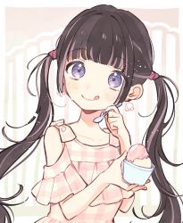 Rule 34 | 1girl, blunt bangs, blush, bow, brown hair, clothing cutout, double scoop, dress, earrings, food, frilled dress, frills, hair tie, highres, holding, holding food, holding ice cream, holding spoon, ice cream, ice cream cup, jewelry, long hair, mameyanagi, multicolored hair, nail polish, off-shoulder dress, off shoulder, original, pink hair, plaid, plaid dress, purple eyes, shoulder cutout, smile, solo, spoon, streaked hair, sweat, tongue, tongue out, twintails, two-tone hair